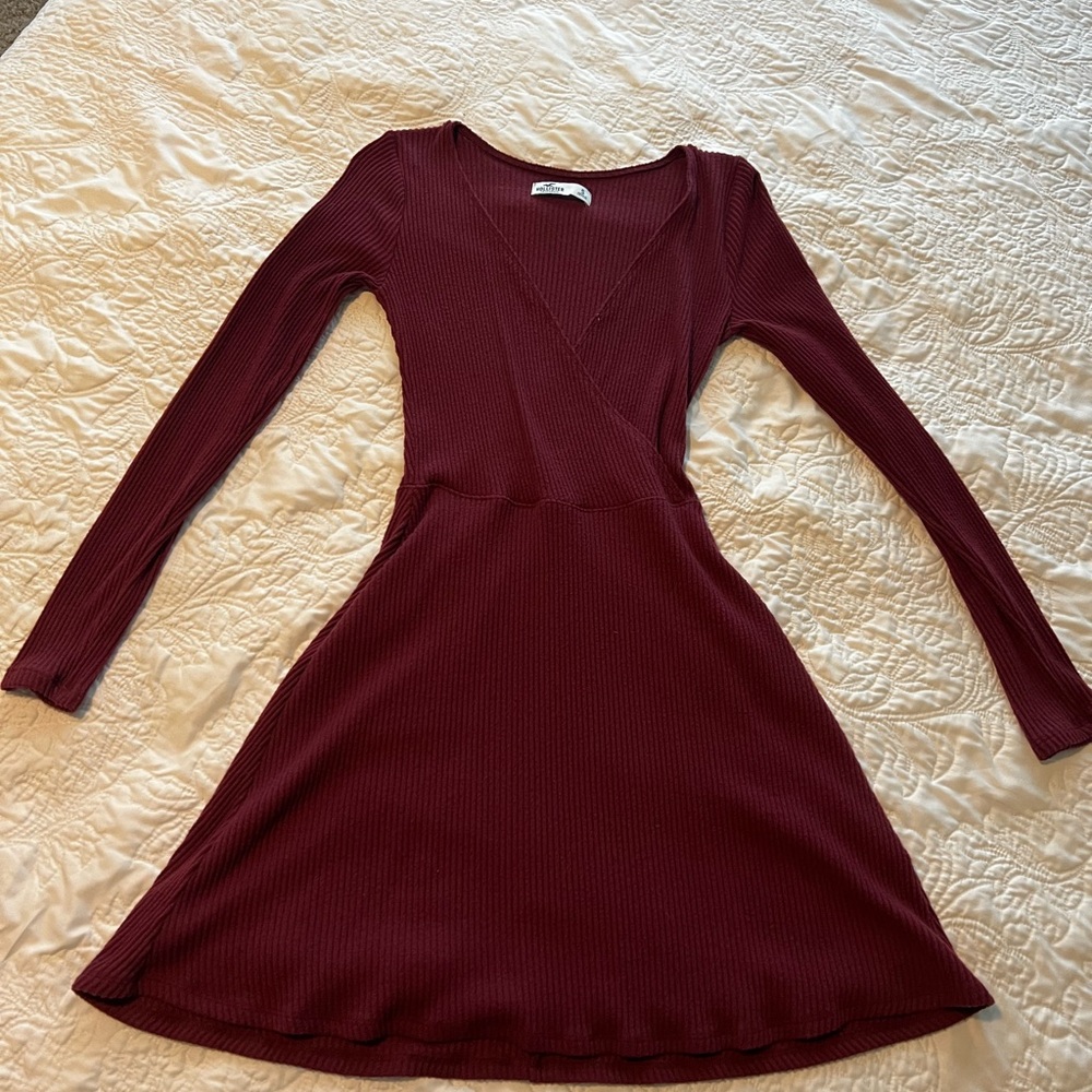 Burgundy Long Sleeve Ribbed Dress